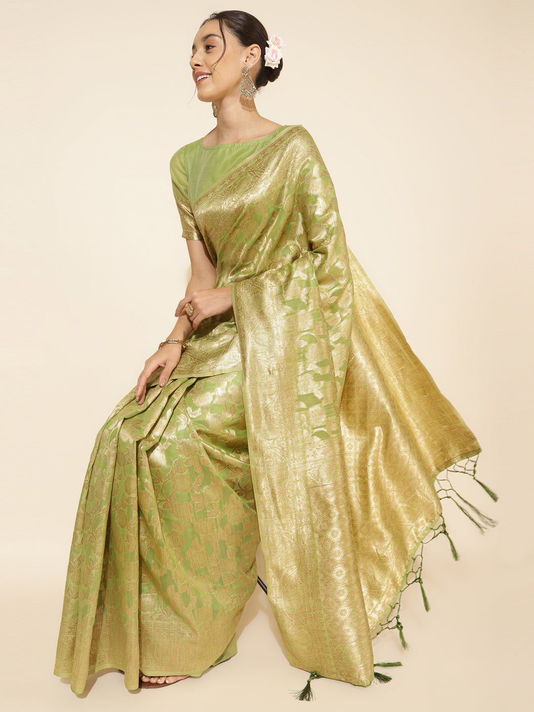 Janasya Light Green Chanderi Silk Floral Woven Design Saree