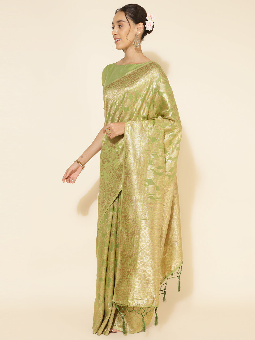 Janasya Light Green Chanderi Silk Floral Woven Design Saree