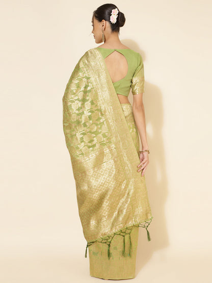 Janasya Light Green Chanderi Silk Floral Woven Design Saree