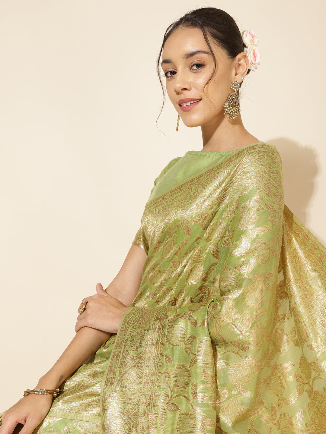 Janasya Light Green Chanderi Silk Floral Woven Design Saree