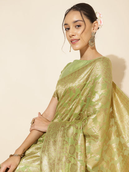 Janasya Light Green Chanderi Silk Floral Woven Design Saree