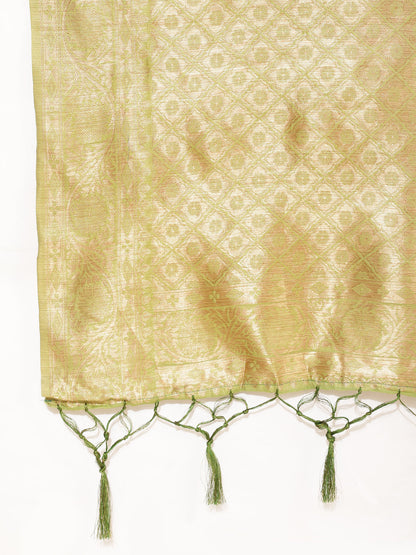 Janasya Light Green Chanderi Silk Floral Woven Design Saree