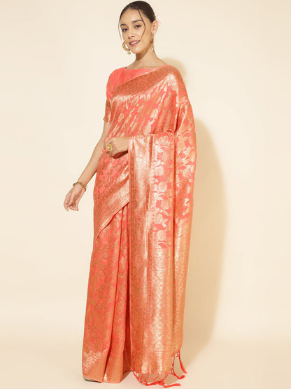 Janasya Peach Chanderi Silk Floral Woven Design Saree