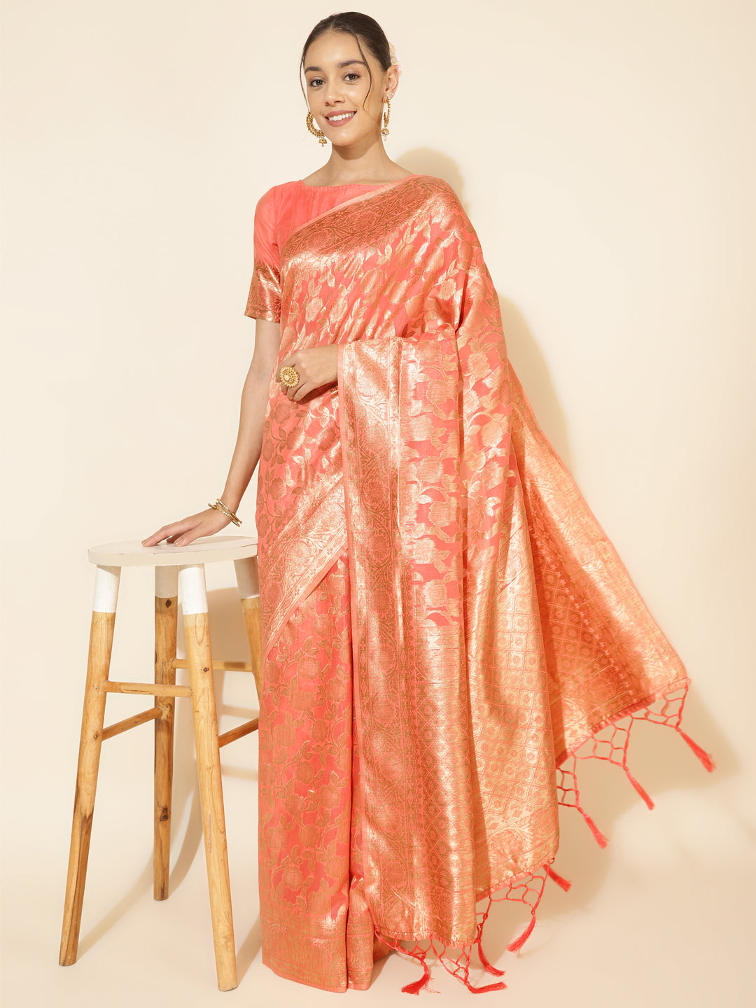 Janasya Peach Chanderi Silk Floral Woven Design Saree