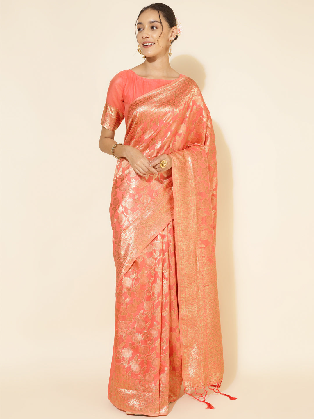 Janasya Peach Chanderi Silk Floral Woven Design Saree