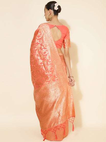 Janasya Peach Chanderi Silk Floral Woven Design Saree