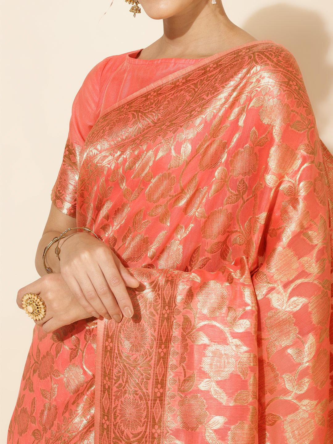 Janasya Peach Chanderi Silk Floral Woven Design Saree