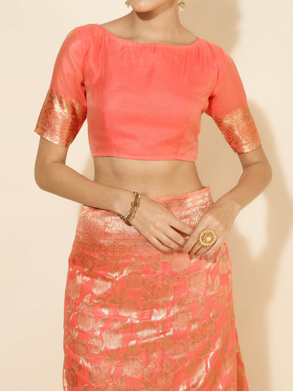 Janasya Peach Chanderi Silk Floral Woven Design Saree