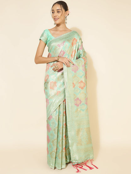 Janasya Sea Green Chanderi Silk Ethnic Motifs Woven Design Saree
