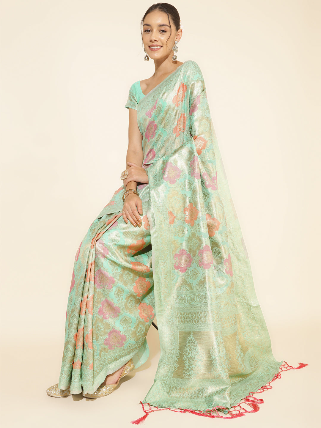 Janasya Sea Green Chanderi Silk Ethnic Motifs Woven Design Saree