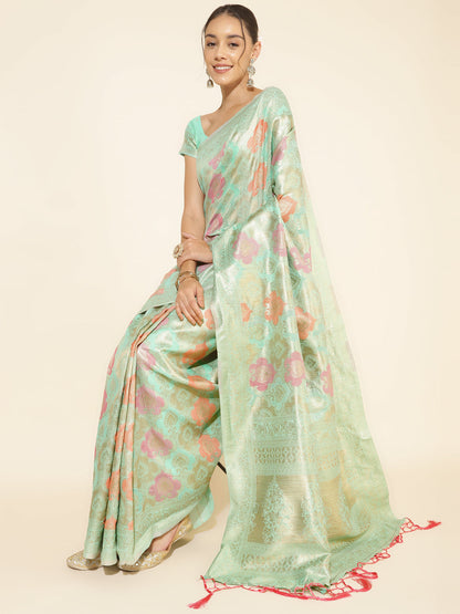 Janasya Sea Green Chanderi Silk Ethnic Motifs Woven Design Saree