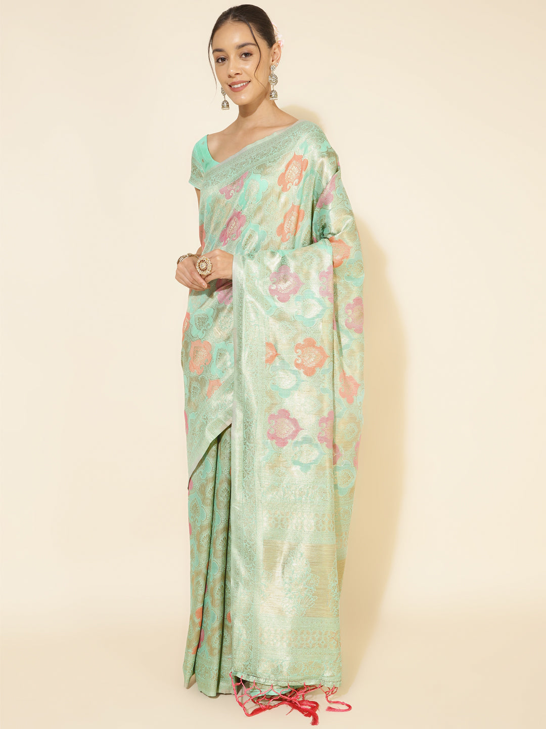 Janasya Sea Green Chanderi Silk Ethnic Motifs Woven Design Saree