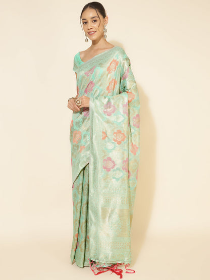 Janasya Sea Green Chanderi Silk Ethnic Motifs Woven Design Saree