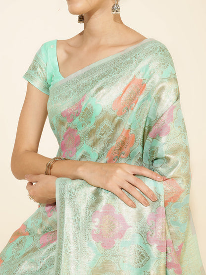 Janasya Sea Green Chanderi Silk Ethnic Motifs Woven Design Saree