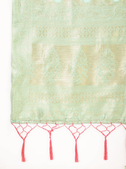 Janasya Sea Green Chanderi Silk Ethnic Motifs Woven Design Saree