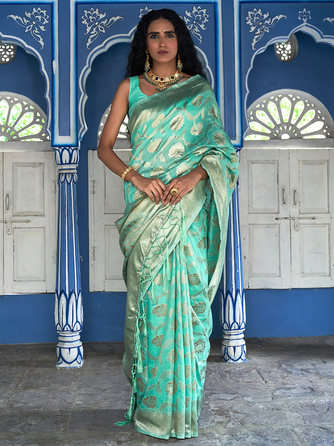 Janasya Sea Green Chanderi Silk Floral Woven Design Saree