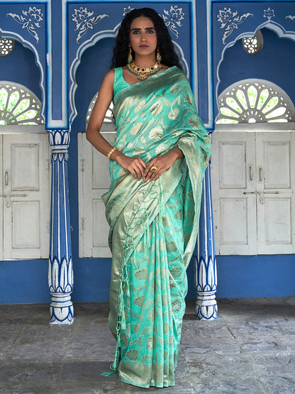 Janasya Sea Green Chanderi Silk Floral Woven Design Saree