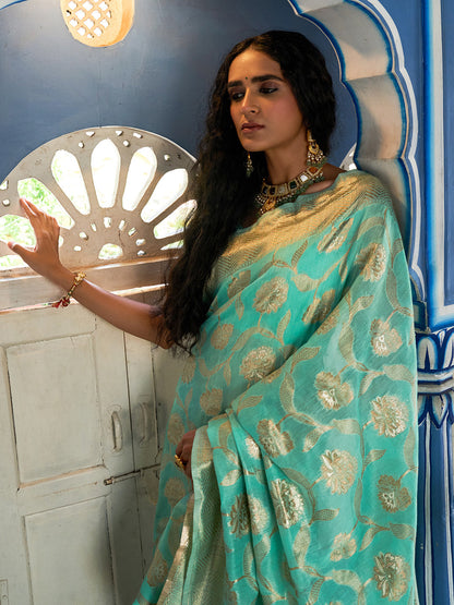 Janasya Sea Green Chanderi Silk Floral Woven Design Saree