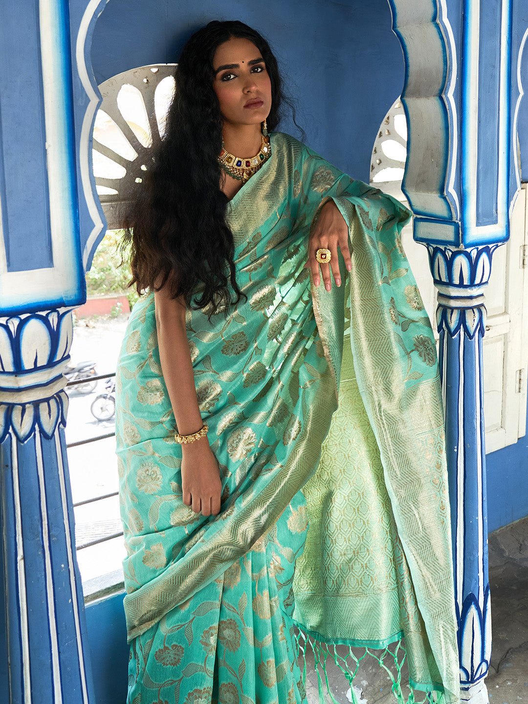 Janasya Sea Green Chanderi Silk Floral Woven Design Saree