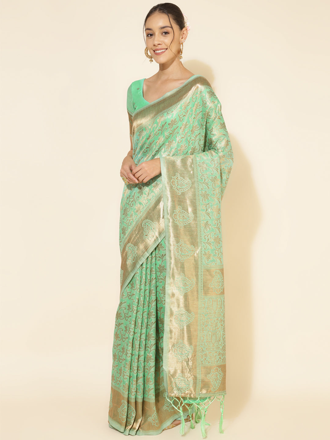 Janasya Light Green Chanderi Silk Floral Woven Design Saree