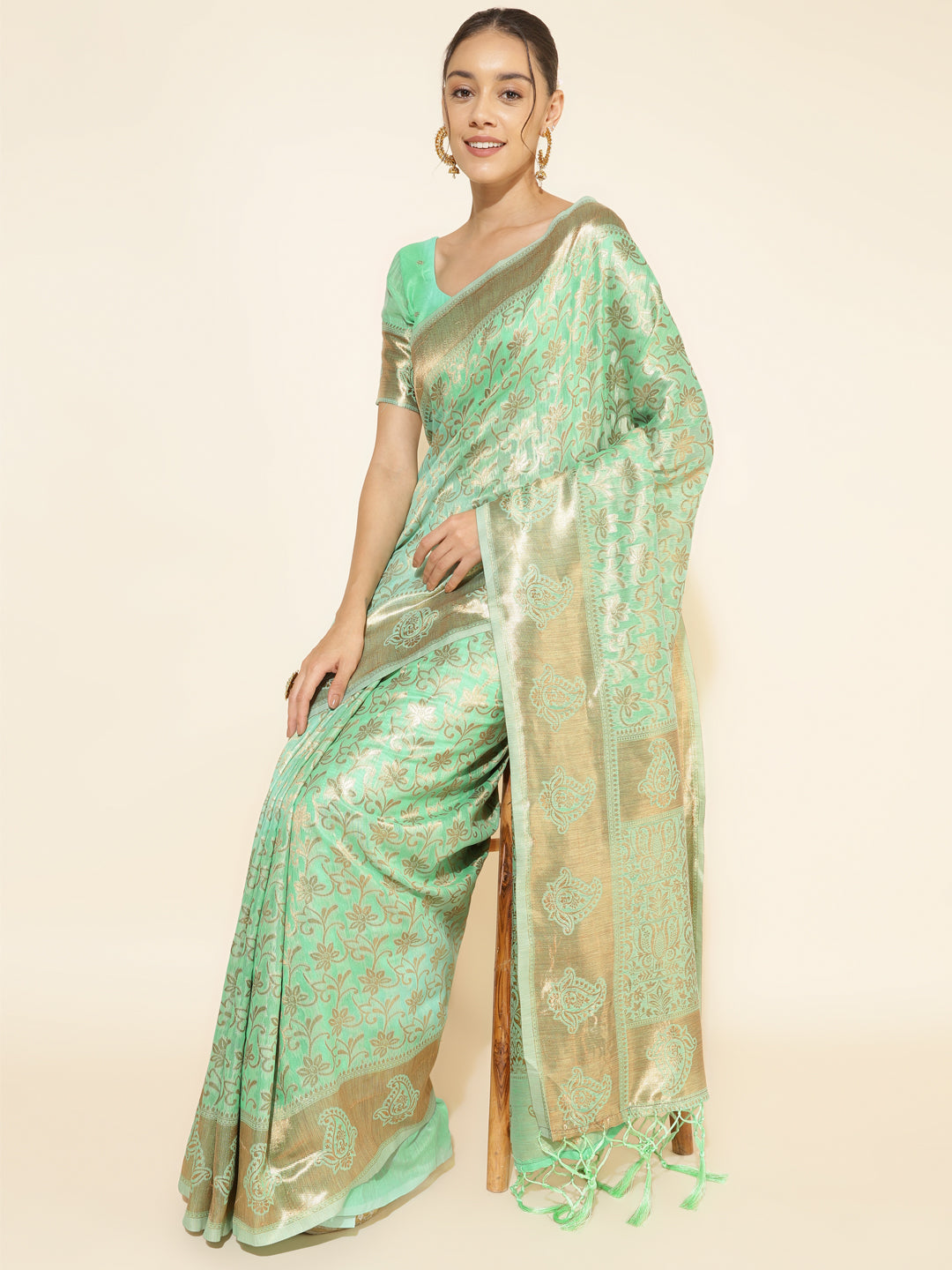Janasya Light Green Chanderi Silk Floral Woven Design Saree