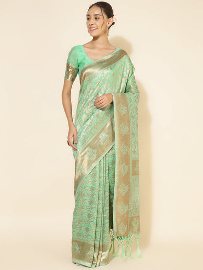 Janasya Light Green Chanderi Silk Floral Woven Design Saree