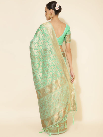 Janasya Light Green Chanderi Silk Floral Woven Design Saree