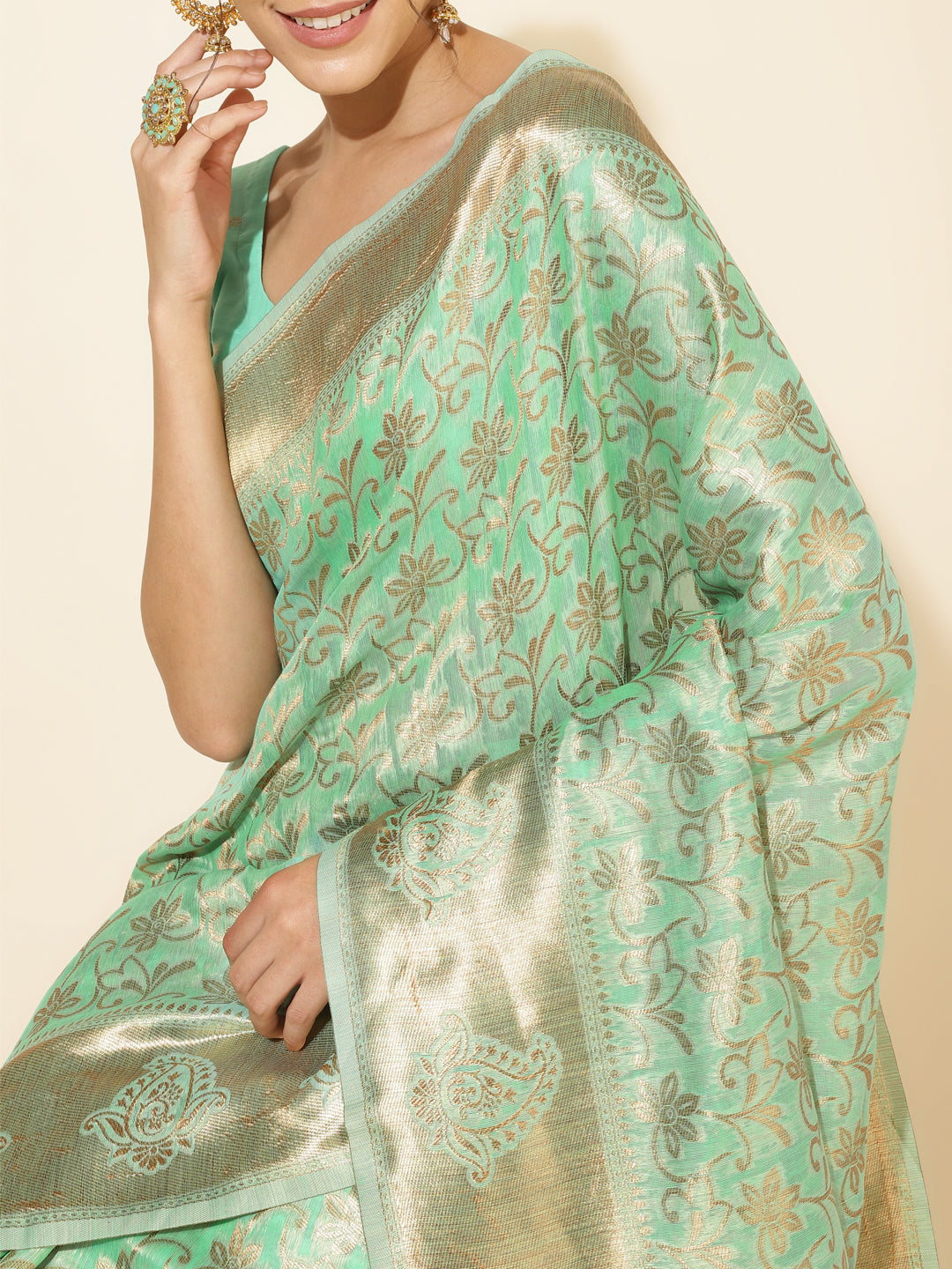 Janasya Light Green Chanderi Silk Floral Woven Design Saree