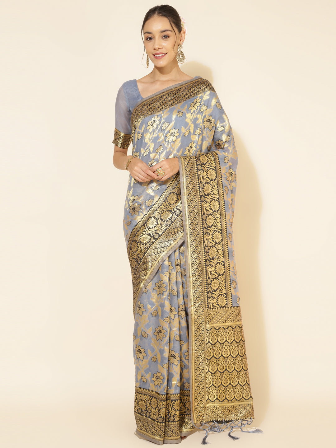 Janasya Grey Chanderi Silk Floral Woven Design Saree