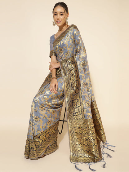 Janasya Grey Chanderi Silk Floral Woven Design Saree