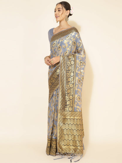 Janasya Grey Chanderi Silk Floral Woven Design Saree