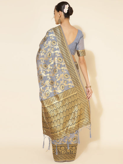 Janasya Grey Chanderi Silk Floral Woven Design Saree