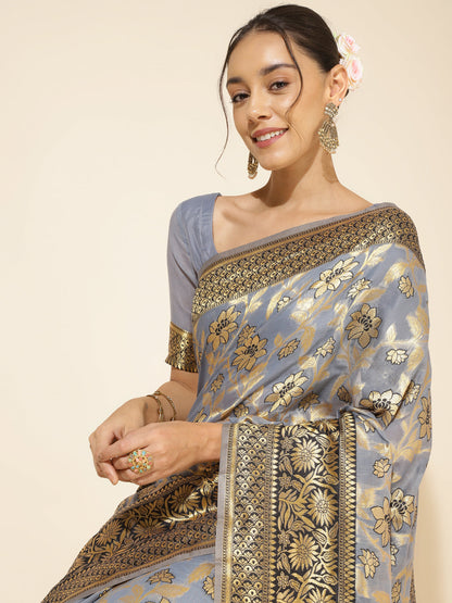 Janasya Grey Chanderi Silk Floral Woven Design Saree