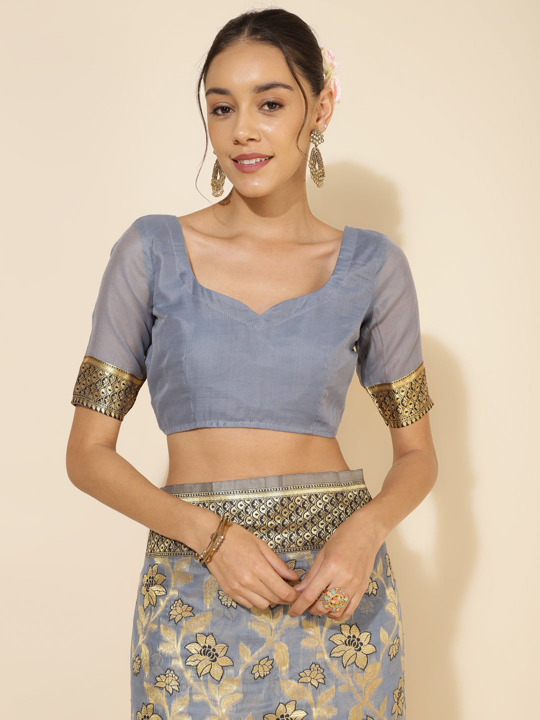 Janasya Grey Chanderi Silk Floral Woven Design Saree