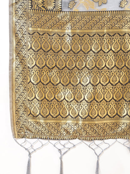 Janasya Grey Chanderi Silk Floral Woven Design Saree