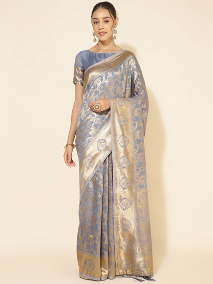 Janasya Grey Chanderi Silk Woven Ethnic Motifs Chanderi Silk Saree