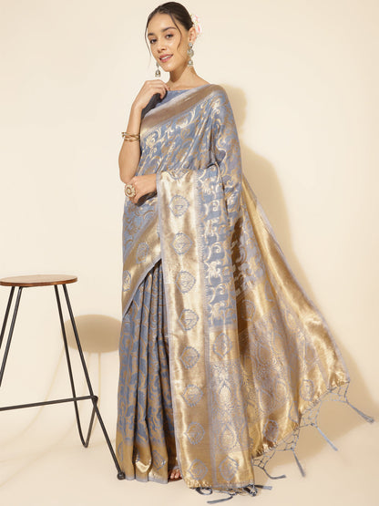 Janasya Grey Chanderi Silk Woven Ethnic Motifs Chanderi Silk Saree