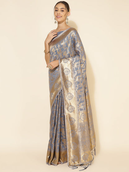 Janasya Grey Chanderi Silk Woven Ethnic Motifs Chanderi Silk Saree