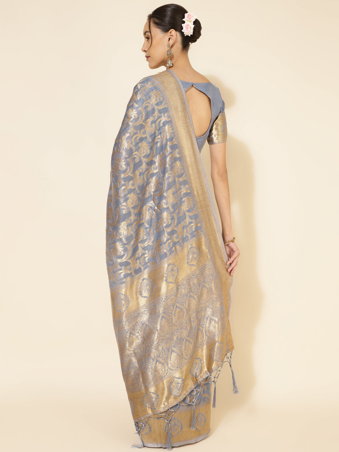 Janasya Grey Chanderi Silk Woven Ethnic Motifs Chanderi Silk Saree