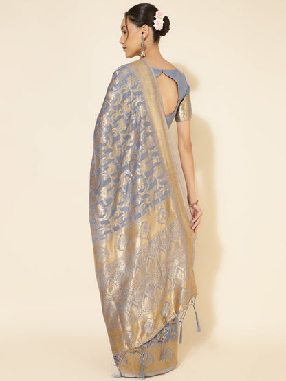 Janasya Grey Chanderi Silk Woven Ethnic Motifs Chanderi Silk Saree