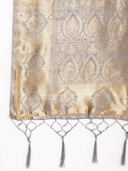 Janasya Grey Chanderi Silk Woven Ethnic Motifs Chanderi Silk Saree