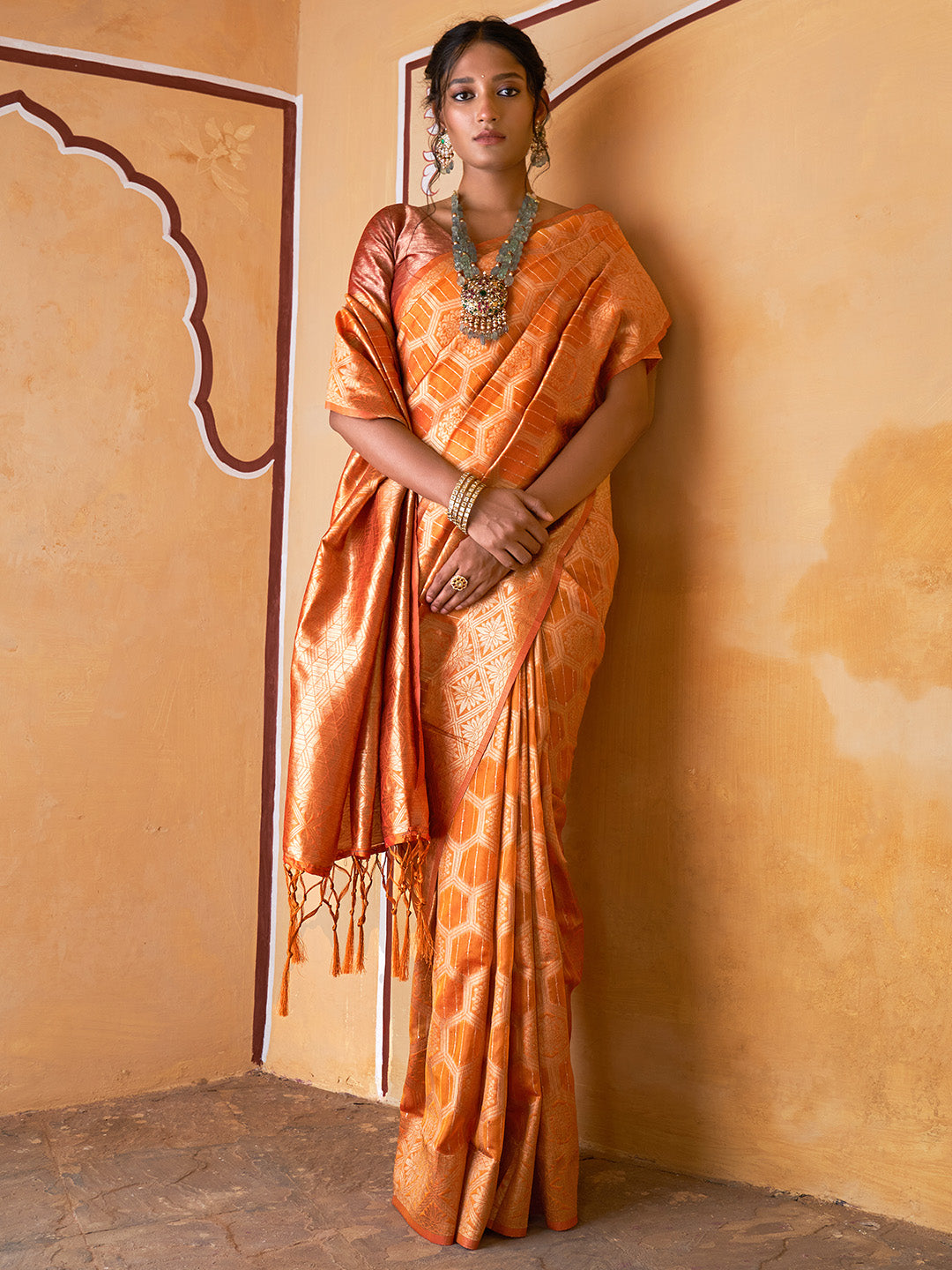 Janasya Yellow Organza Woven Ethnic Motifs Kanjeevaram Saree