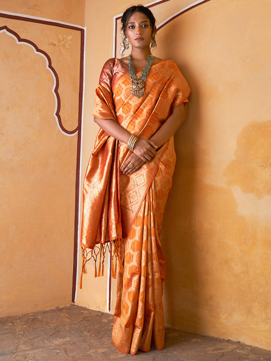 Janasya Yellow Organza Woven Ethnic Motifs Kanjeevaram Saree