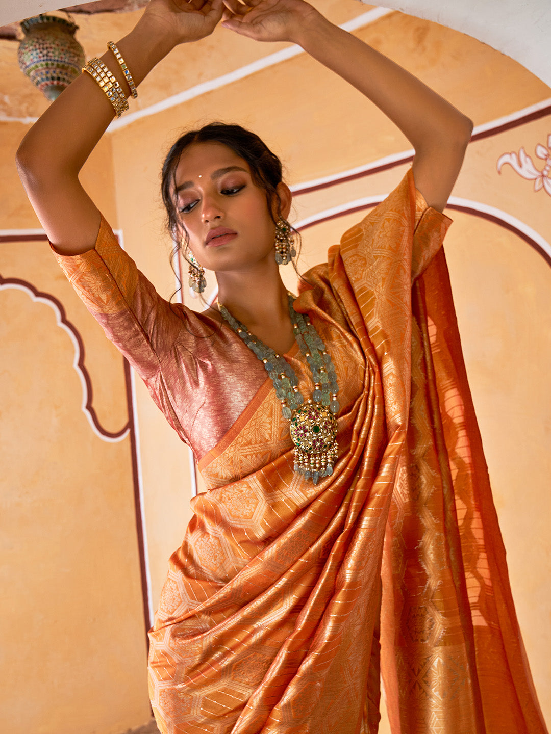 Janasya Yellow Organza Woven Ethnic Motifs Kanjeevaram Saree