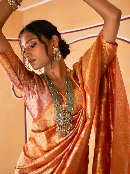 Janasya Yellow Organza Woven Ethnic Motifs Kanjeevaram Saree