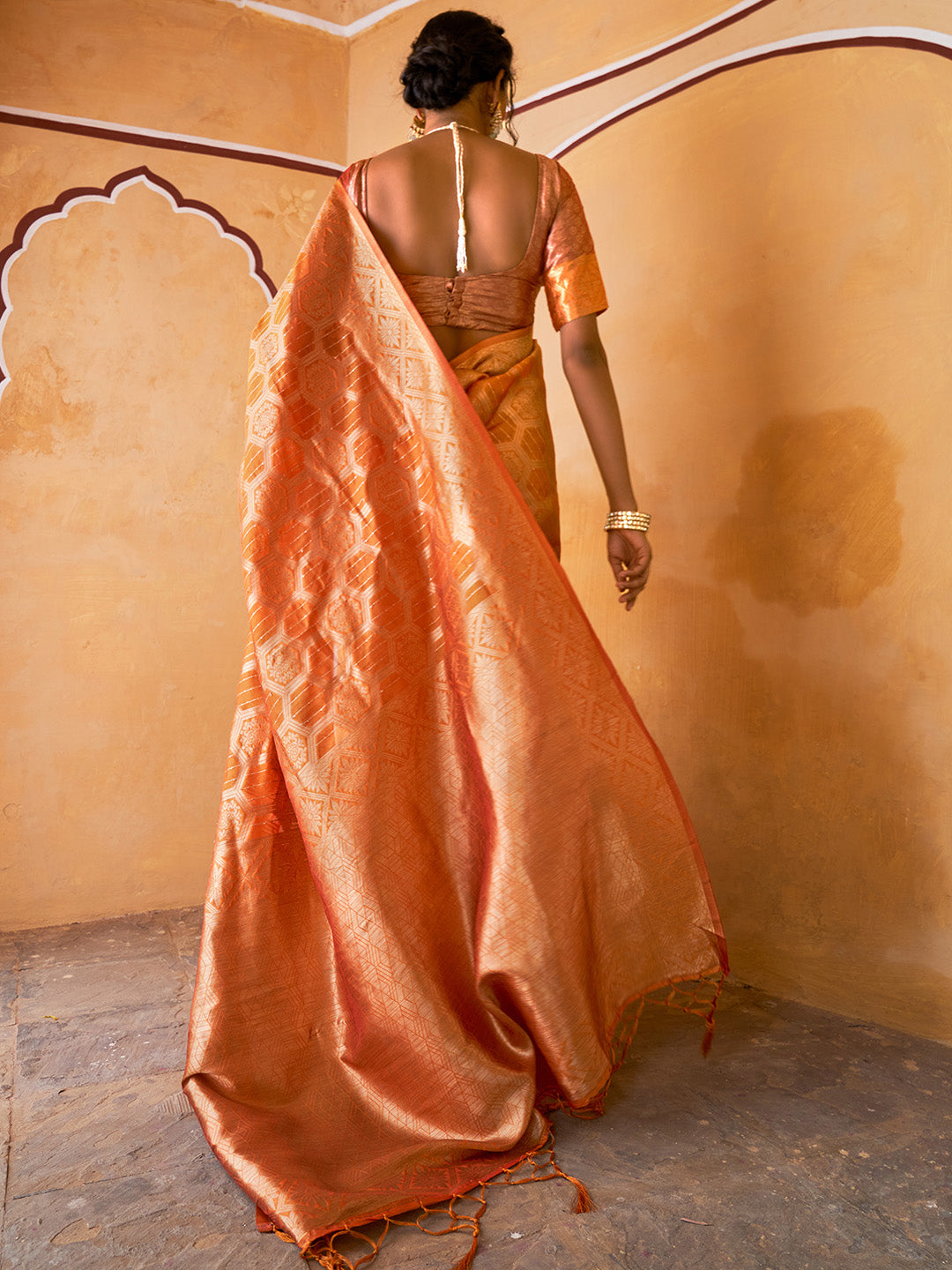 Janasya Yellow Organza Woven Ethnic Motifs Kanjeevaram Saree