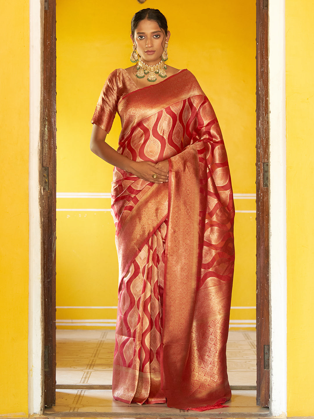 Janasya Red Organza Woven Ethnic Motifs Kanjeevaram Saree