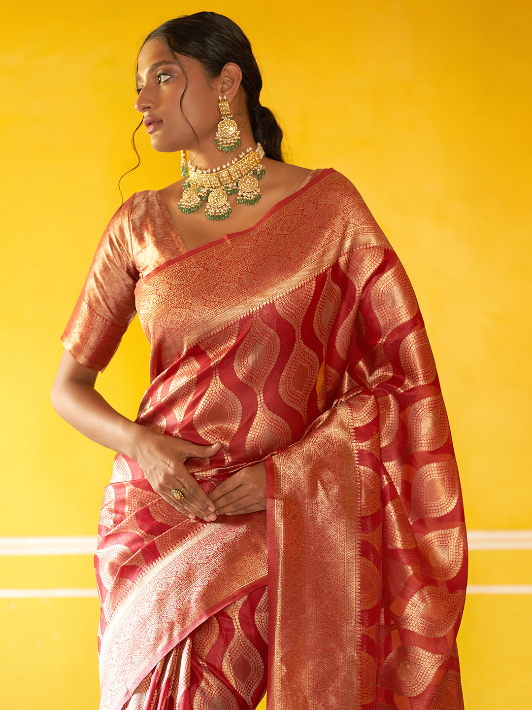 Janasya Red Organza Woven Ethnic Motifs Kanjeevaram Saree