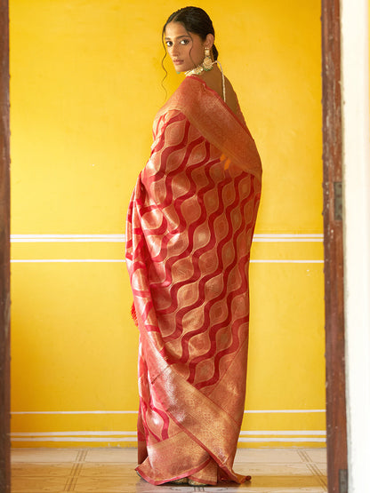 Janasya Red Organza Woven Ethnic Motifs Kanjeevaram Saree