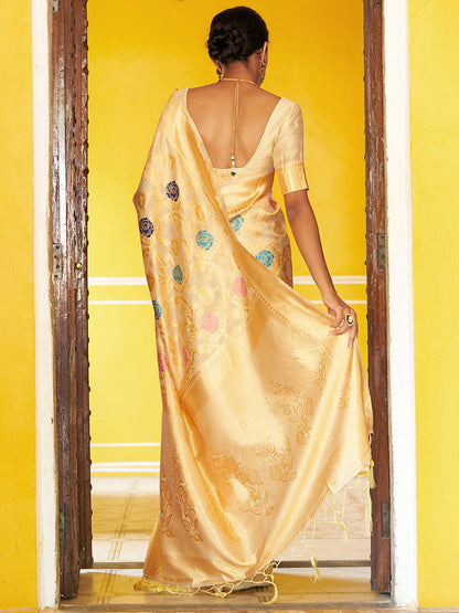 Janasya Cream Banarasi Silk Woven Floral Design Banarasi Saree